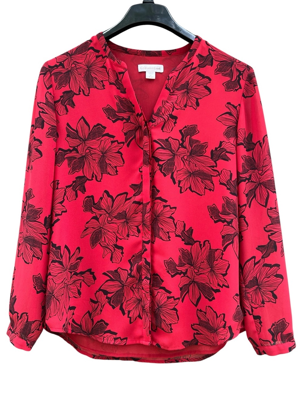 Coldwater Creek Red Floral V-Neck Button Up Blouse Size Medium (10-12)